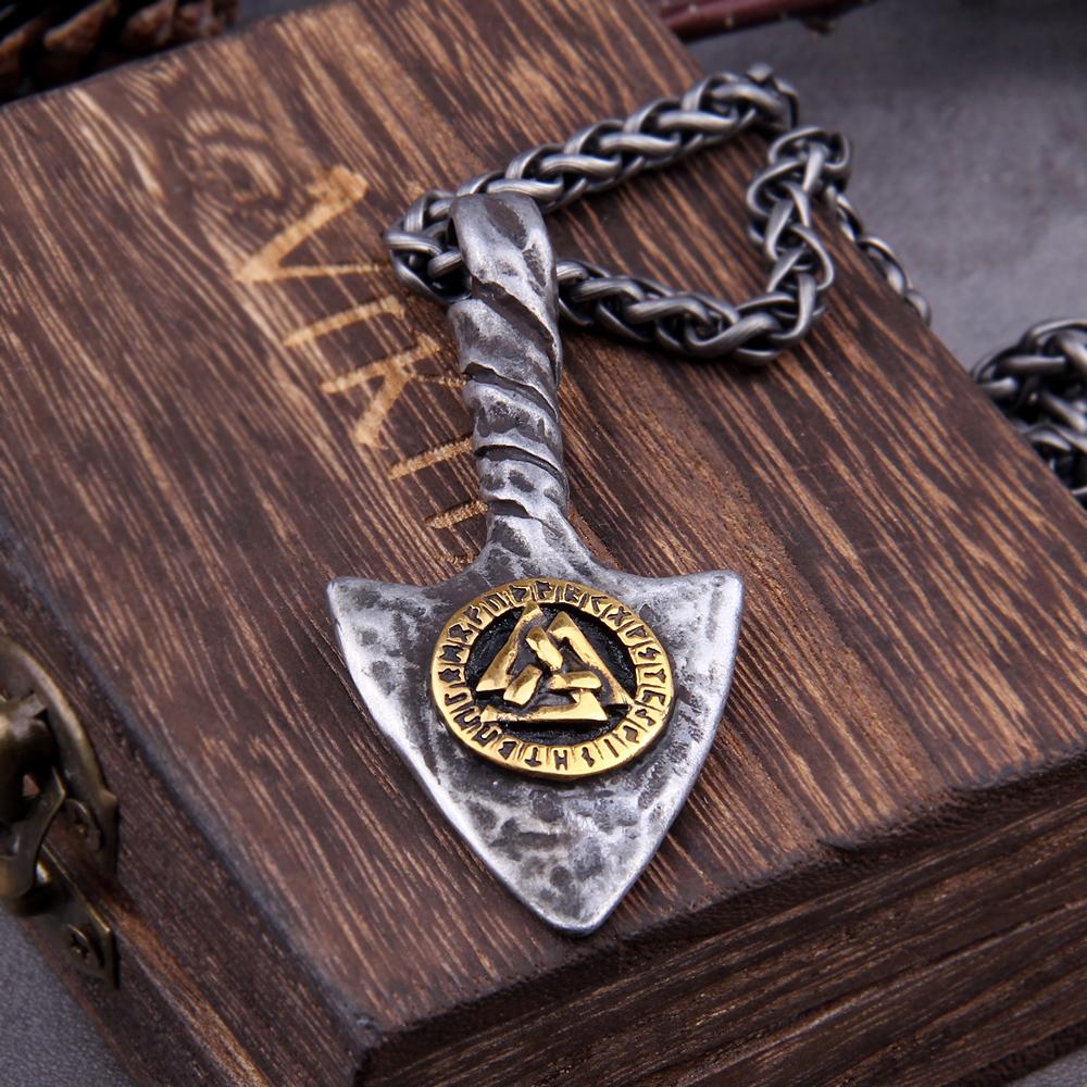 Stainless Steel Viking Necklace Men Antique Gray Spear Pendants Rune Valknut Necklaces Norse Jewelry Gift