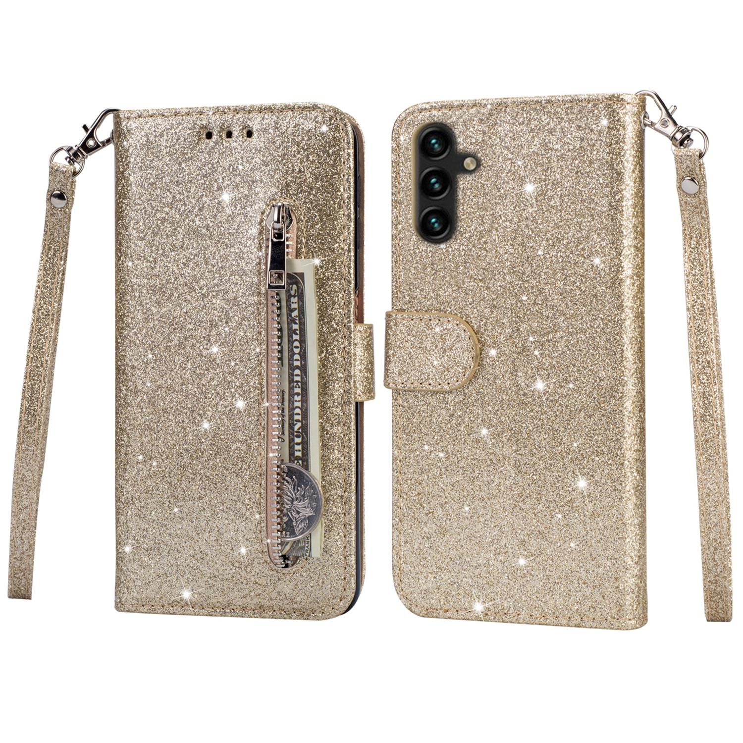 

For Samsung Galaxy A16 5G/4G Stand Case Glitter Phone Leather Cover Zipper Pocket Gold