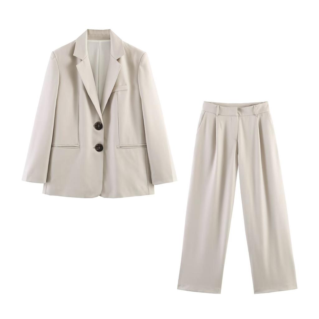 European and American French women's clothing double-buckle straight jacket with shoulder pads + pleated straight pants