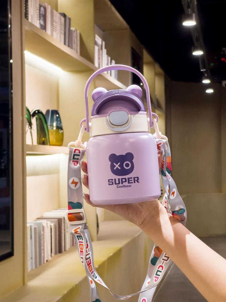 316 Stainless Steel thermos cup handle strap 600ML stainless steel straw children's straw water punk bear water cup male and female student cup