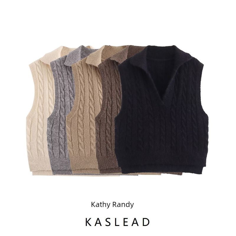 Kaslead New Arrival Women's Clothing Fashion Style Old Money Style Polo Lapel Cable Stitch Knitting Sweater Vest