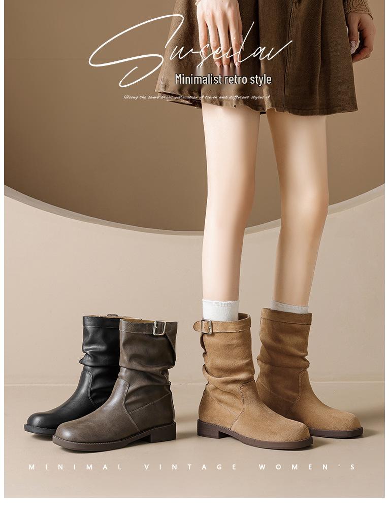Weiwei Girl Retro British Style Women's Crinkled Martin Boots - Autumn & Winter Fashion Slip-on