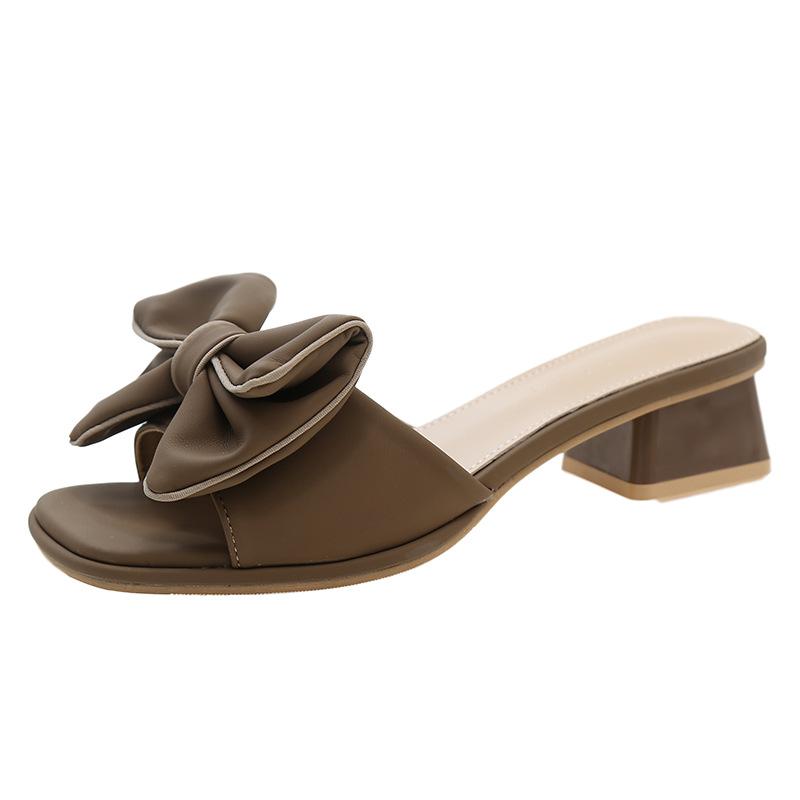 

Fashion Women s Slippers 2025 Summer New Fashion Big Bowknot Thick Heel Flip-flops Shoes Elegant Mid Heels Woman Casual Sandals 41 хаки