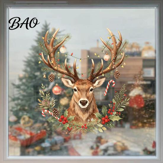 Xmas Party Supplies Christmas Watercolor Reindeer Window Cling, Removable Reusable Elk Head Static Decal Decal, Animal Decorative Glass Sticker