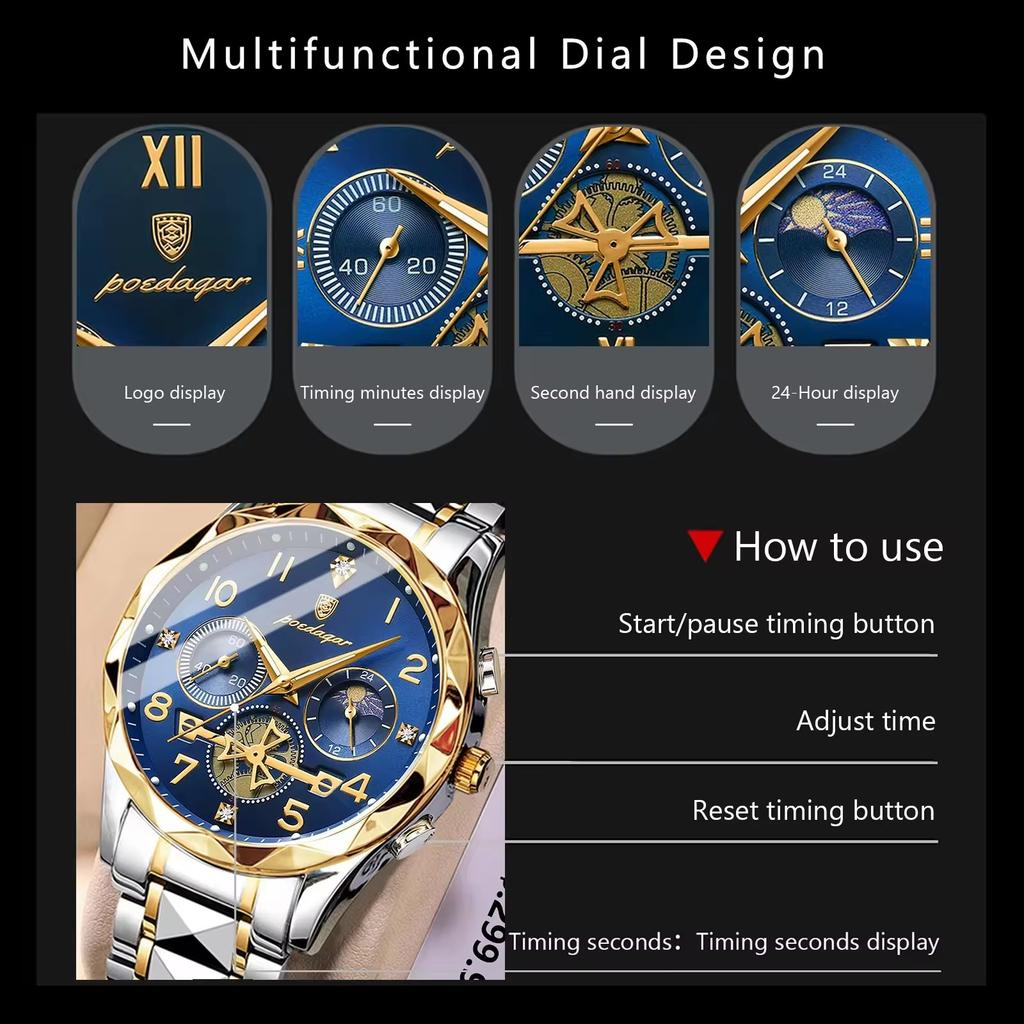 Poedagar 972 Luxury Men Watch Quartz Movement Stainless Steel Waterproof Luminous Casual Business Fashion Wristwatch