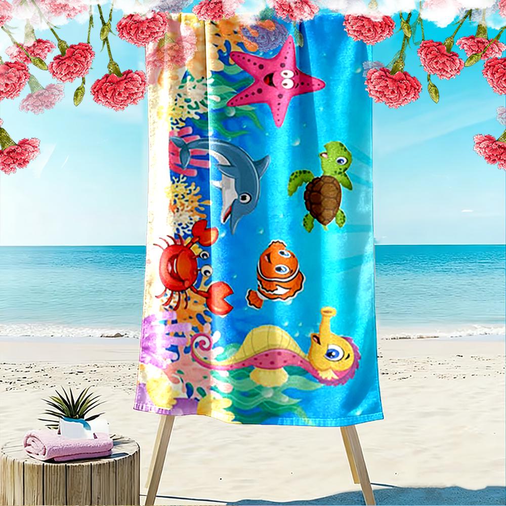 Cartoon Sea Animals and Coral Design Beach Towel Quick-drying for Travel Outdoor Sports Jogging Beach and Swimming