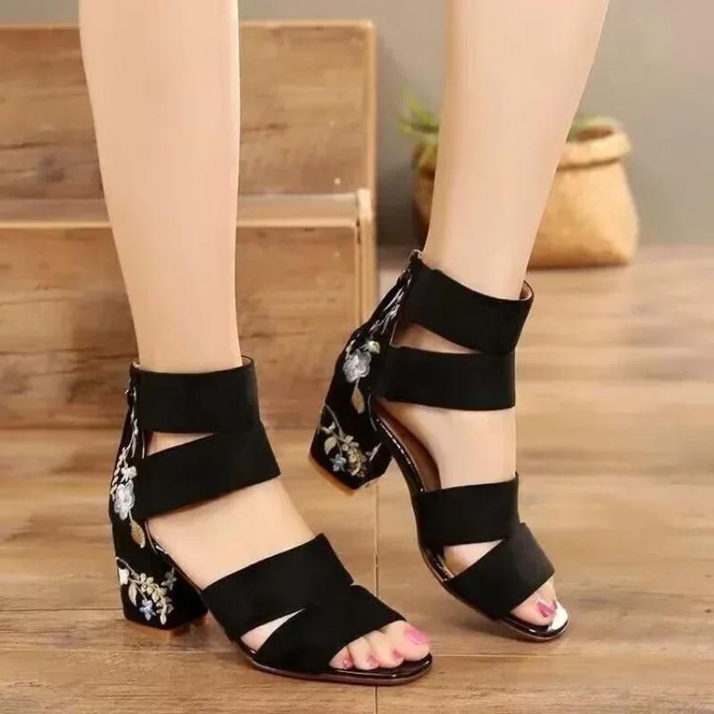 Fashion Elegant Fashion Women Ankle Wrap Sandals Women Summer Platform Shoes Mid Heel Sandals High Heels Open Toe Square Heeled Sandals