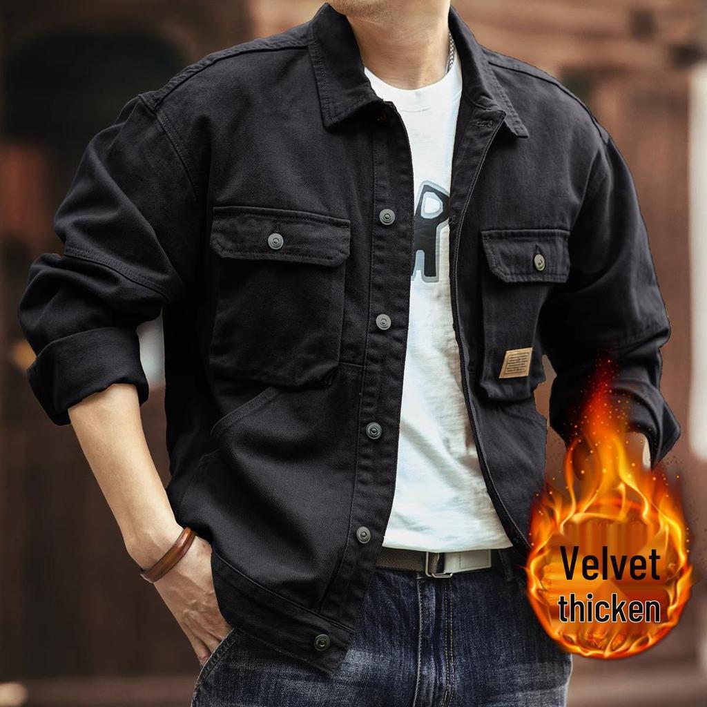 Ge Lan Lu Men's Vintage American Style Heavyweight Denim Jacket for Spring & Autumn - Loose Fit Hunting Workwear.