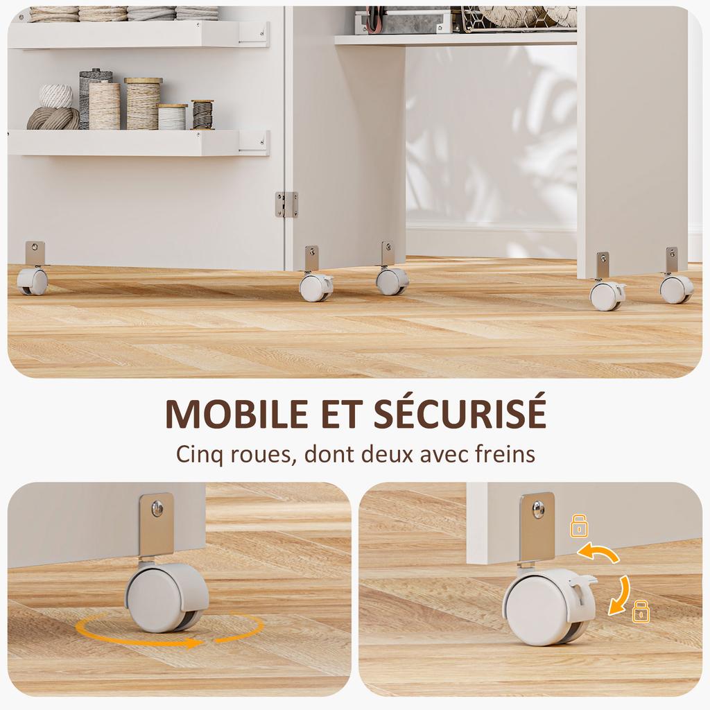 Masă de cusut pliabilă mobilier de cusut cu blat rabatabil cu cutii de depozitare, raft deschis și rotile, alb
