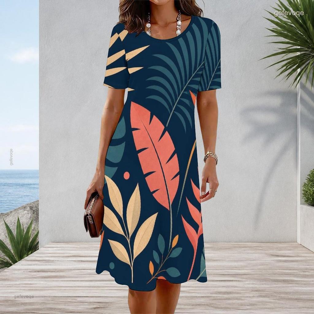 Women Plus Size Round Neck Short Sleeve Fruit Leaf Printed A Line Casual Dress