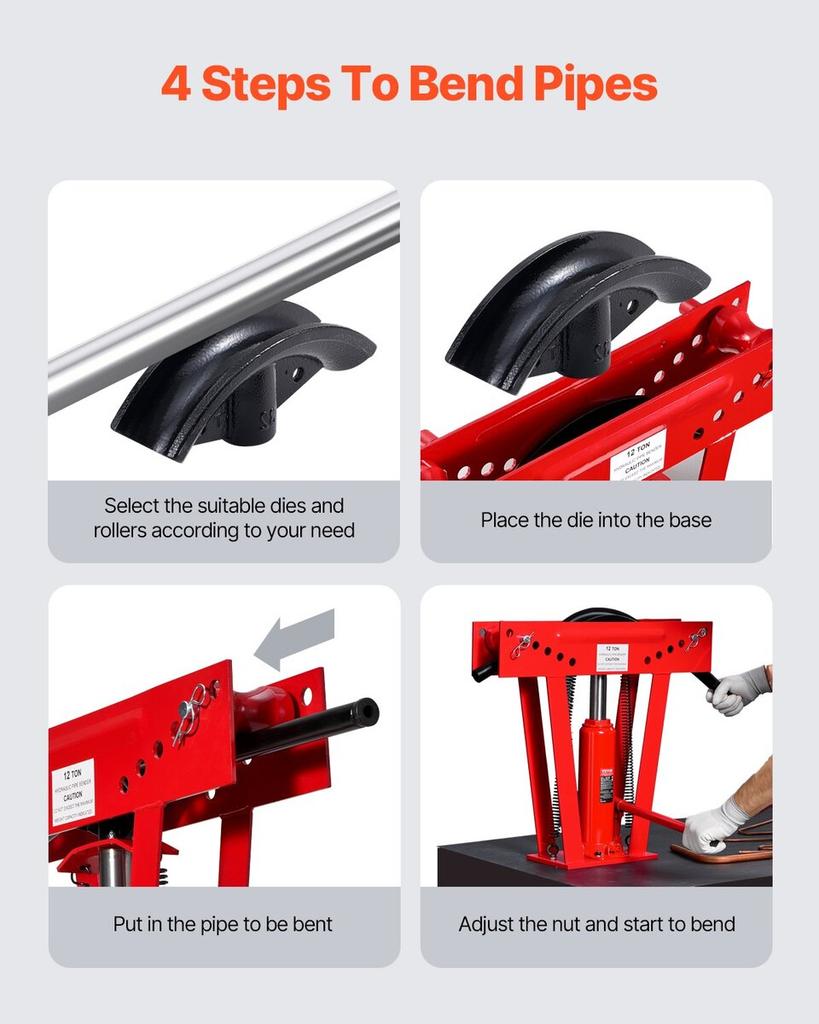 Hydraulic Pipe Bender, 12 Ton Manual Pipe Bending Tool with 6 Dies