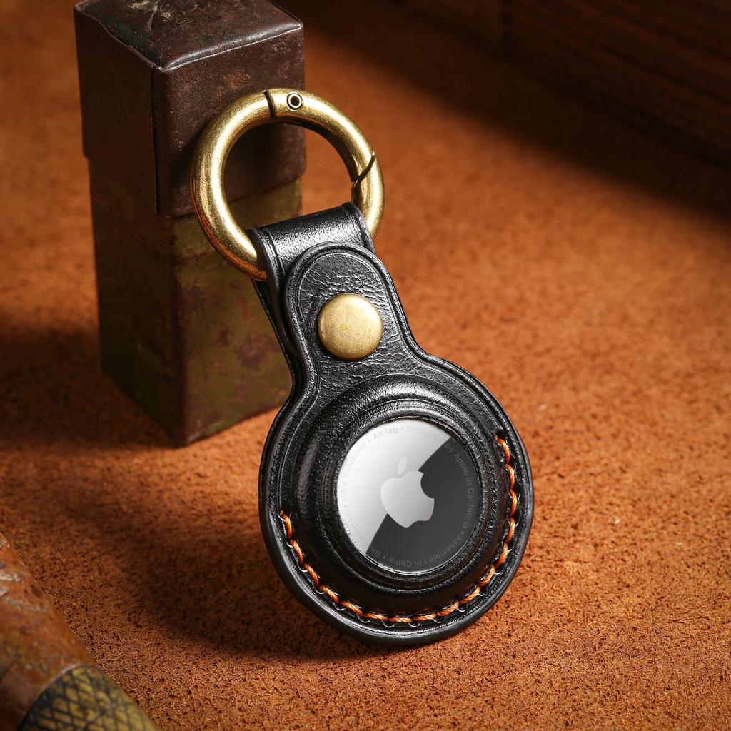 100% Handmade Case For Apple Airtag Case Genuine Leather Air Tag Holder Full Protective Tracker Case with Loop Key Ring