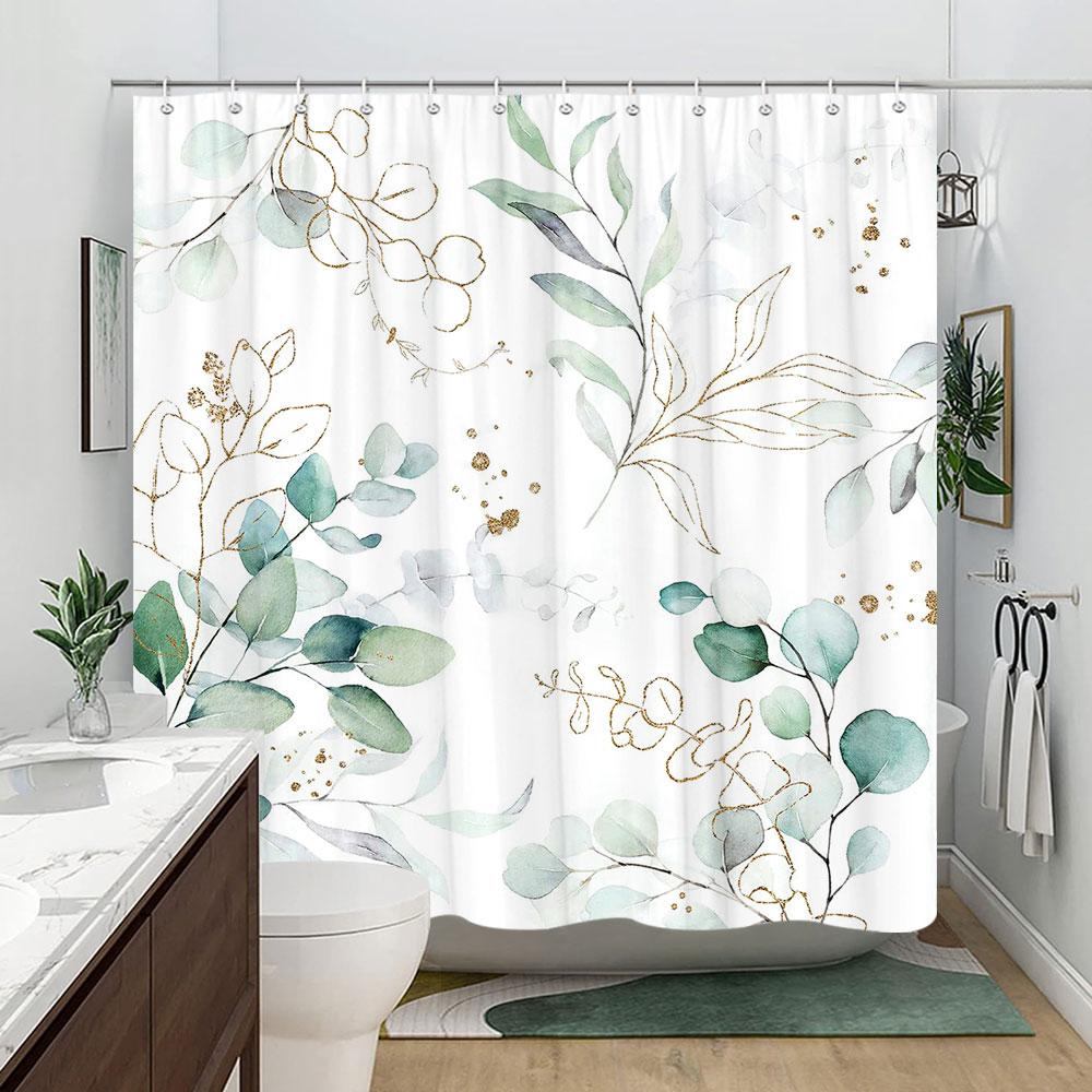 Sage Green Eucalyptus Leaves Shower Curtain Floral Flower Bird Shower Curtains Hummingbird Butterfly Modern Aesthetic Bath Decor