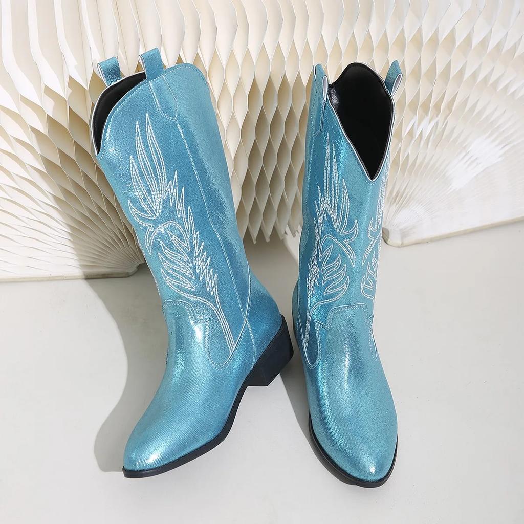 Western Cowboy Boots 2024 Winter Fashion Mid-calf Women's Boots Retro Pointed Toe Slip-on Mid Heel Pink Boots Shoes for Women