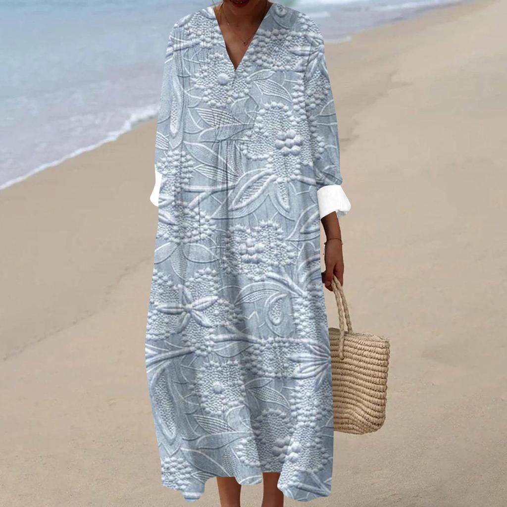 Women's Casual Fashion V-Neck Long Sleeve Textured Print Maxi Dress