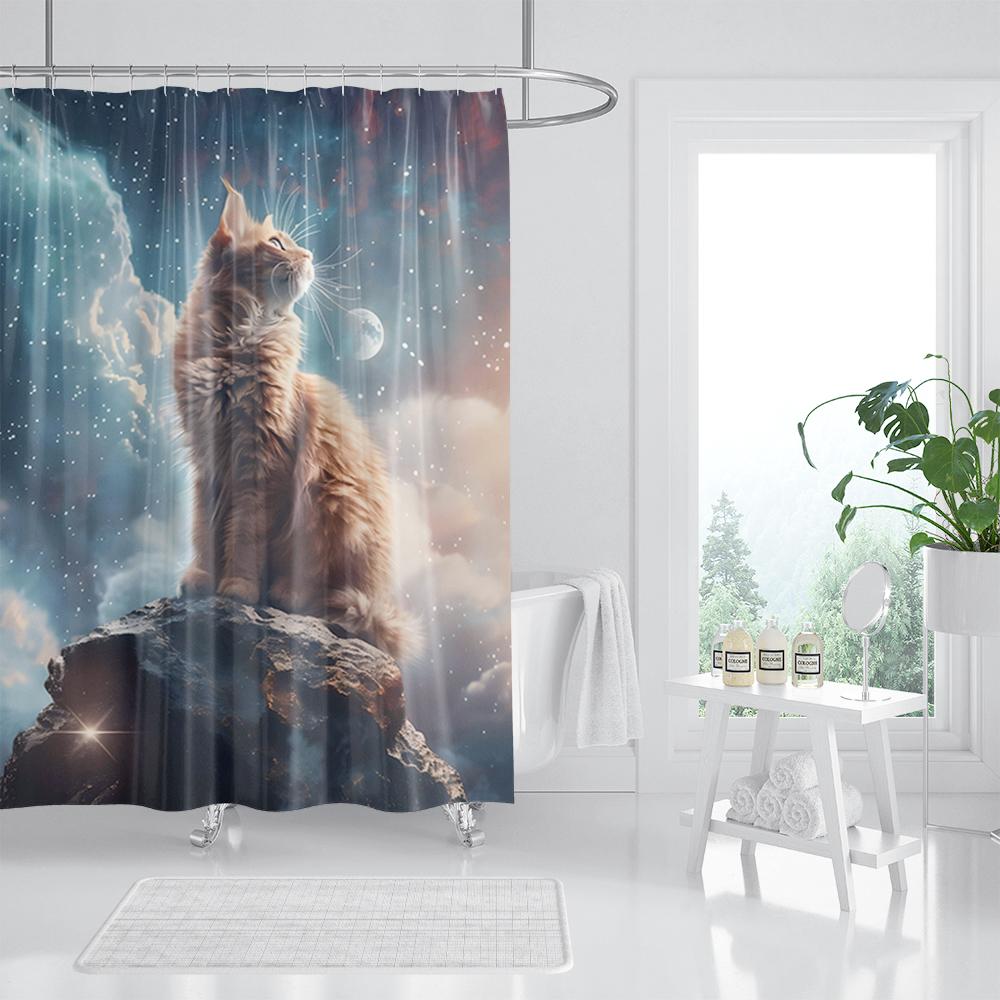 Funny Cat Shower Curtain, Dinosaur Cat Dog Animal Shark Funny Ocean Coral Goldfish Bathtub Bubbles Kids Cartoon Bathroom Decor