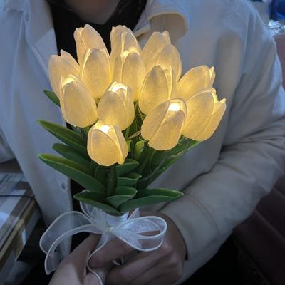 LED Lighted Artificial Tulip Flowers Lamp Real Touch Faux Tulips Bouquet Night Light with Ribbon for Valentine's Day Easter Home Kitchen Wedding Decor