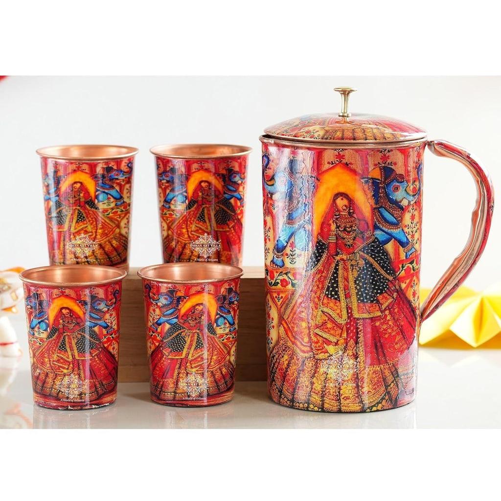 Meena Padharo Mhare Desh Theme Copper Gift Set of 1 Jug & 4 Glass - Perfect for Home, Office, and Gifting, Jug-1.5 Litre & Glass-270 ML Each