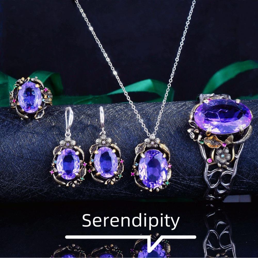 Vintage Royal Hollow Filigree Jewelry Set Lotus Fish Bracelet Pendant Earrings Ring