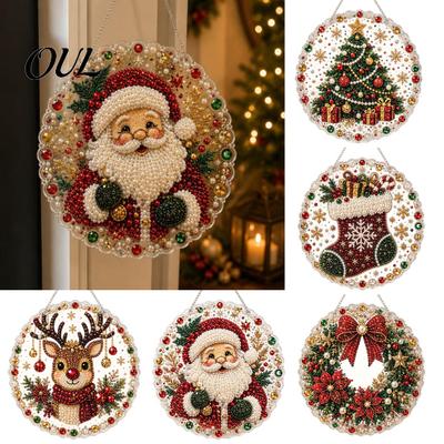 DIY Decorative Pendants Christmas Faux Diamond Painting Hanging, Santa Wreath Acrylic Pendant, Pearl Festive Balcony Garden Decorations Beads