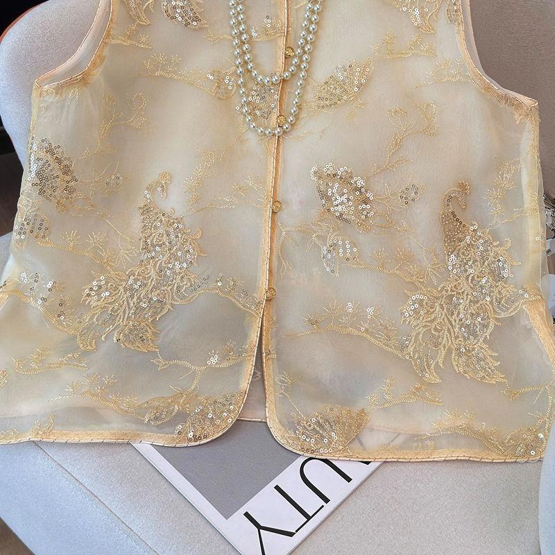 Medium Vest Vest Organza Retro Sleeveless Vest Thin Embroidered Vest Women's Summer