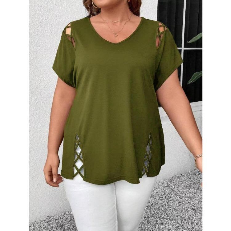 Plus Size Women T-Shirt Elegant Cross Strap Detail Solid Color Short Sleeve Fashion Top