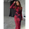 Fall New Arrival Fashion Style Fashion Half Turtleneck Tie-Dye Print Silm Ruffle Hip Long Sleeves Dress Long Dress for Women