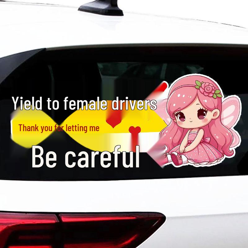 Reflective Cute Cartoon Text Sticker: 'Yield to Female Drivers' - Waterproof Rear Windshield Accessory
