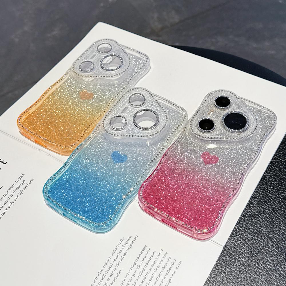 KEYSION Gradient Love Heart Wavy Phone Case for Huawei Pura 70 80 Pro 80 70 Ultra Glitter Jewelled Lens Protector Shockproof Cover