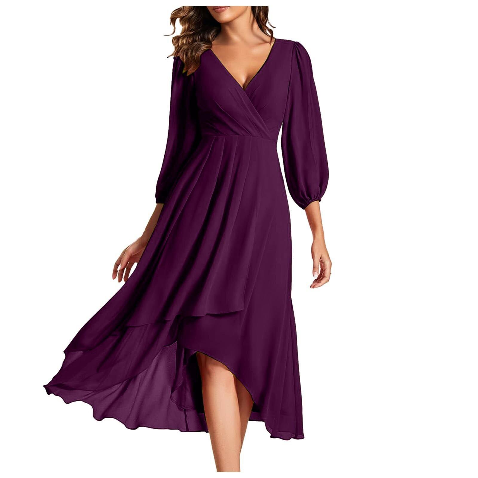

Women s Fashion V-Neck Long Sleeve Loose Slim Evening Casual Chiffon Dresses XL