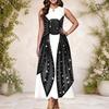 Women Plus Size Sleeveless Keyhole Neck Black White Printed A Line Long Dress