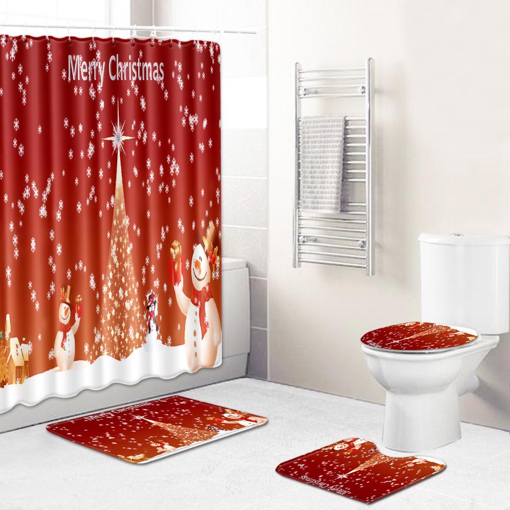 Christmas Printed Shower Curtain Floor Mat Four-Piece Bathroom Toilet Non-Slip Absorbent Carpet Toilet Non-Slip Door Mat