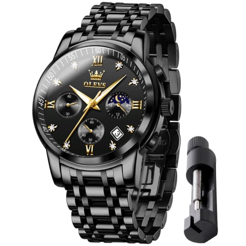 

OLEVS Men s Quartz Watch with Moon Phase and Timer, Stainless Steel, Simple and Fashionable, Waterproof, Luminous, Date Display (Black 2858)