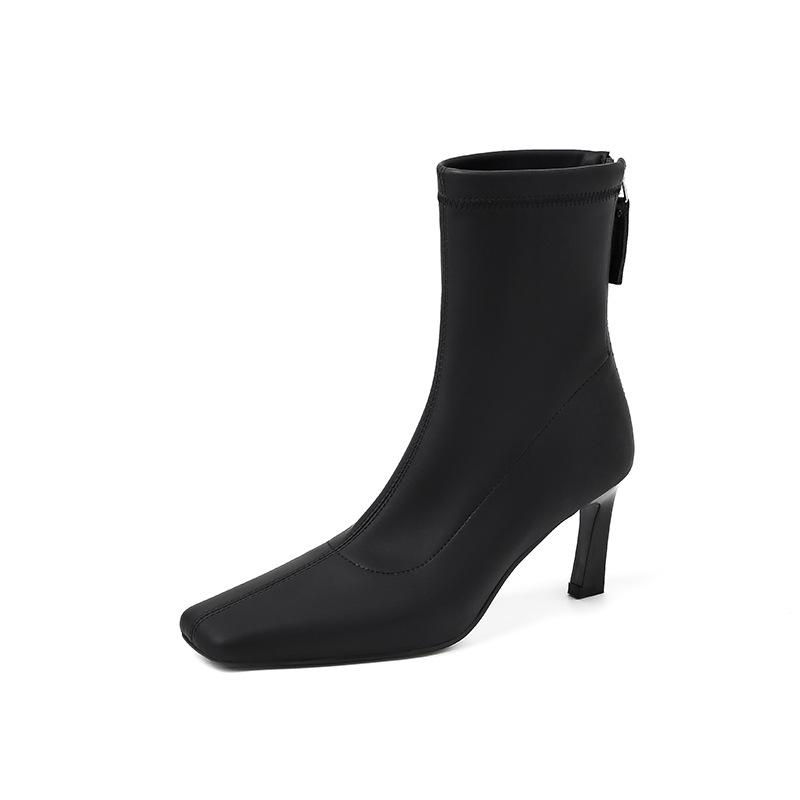 European and American Fashion Temperament Elastic Thin Boots 2025 Autumn New Square Head Thin Heel Rear Zipper High Heel Small Short Boots Women