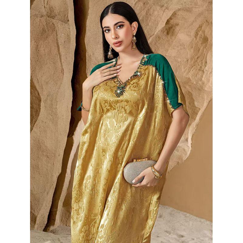 Middle East V-neck Handmade Beads Contrast Color Satin Stereo Jacquard Dress Handmade Beaded Dress
