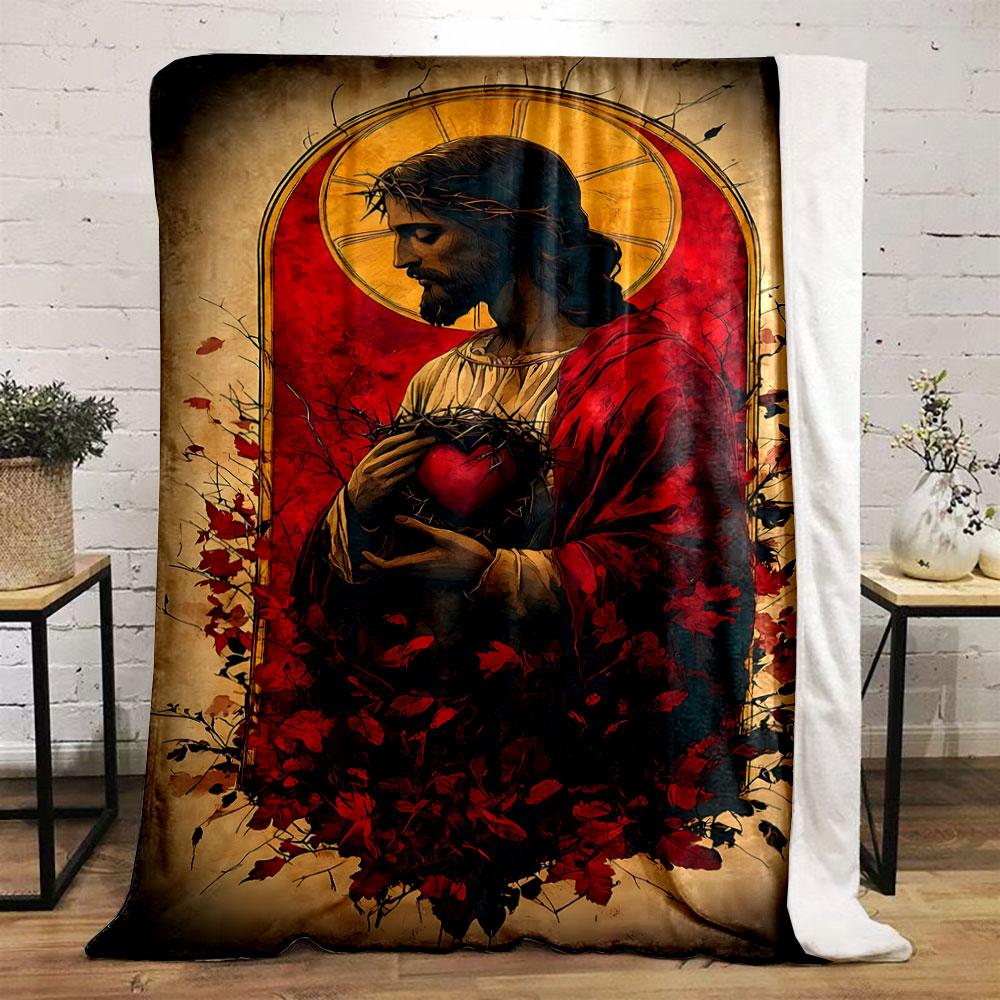 Sacred Heart Jesus Blanket Printed Blanket for Living Room Bed Couch Lunch Break Soft Cozy Blanket for Friend's Festival Gift
