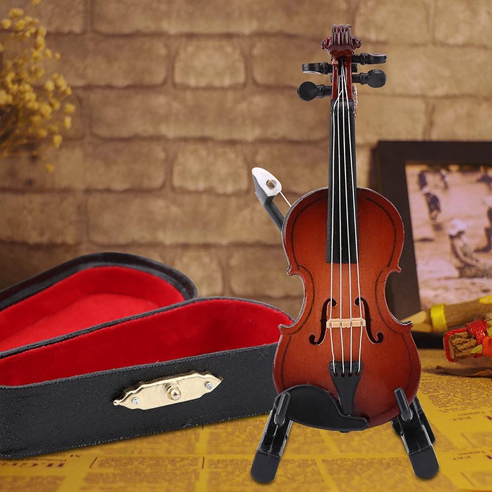 Wooden Mini Musical Instrument With Bow Collectible Figurines Mini Violin Replica Room Decor