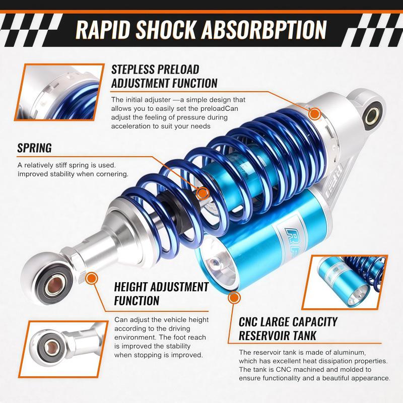 RFY 265mm Shock Absorber for 10.43-inch ATV, Scooter, Electric Vehicle, Motorcycle Black + Black Set (Height Increase 1cm)