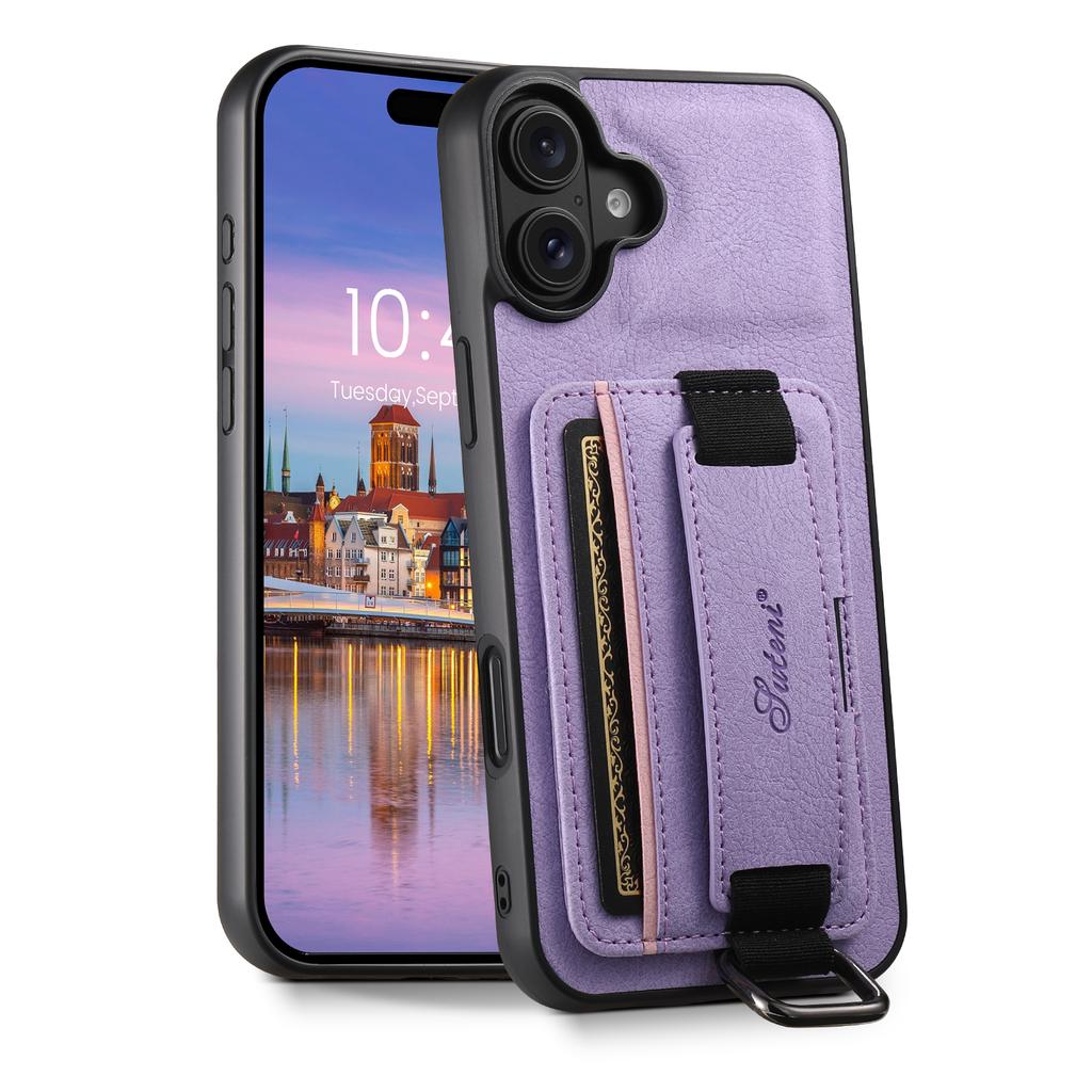 SUTENI H13 For iPhone 16 Case Litchi Texture Leather+TPU+PC Cover with Card Holder Kickstand