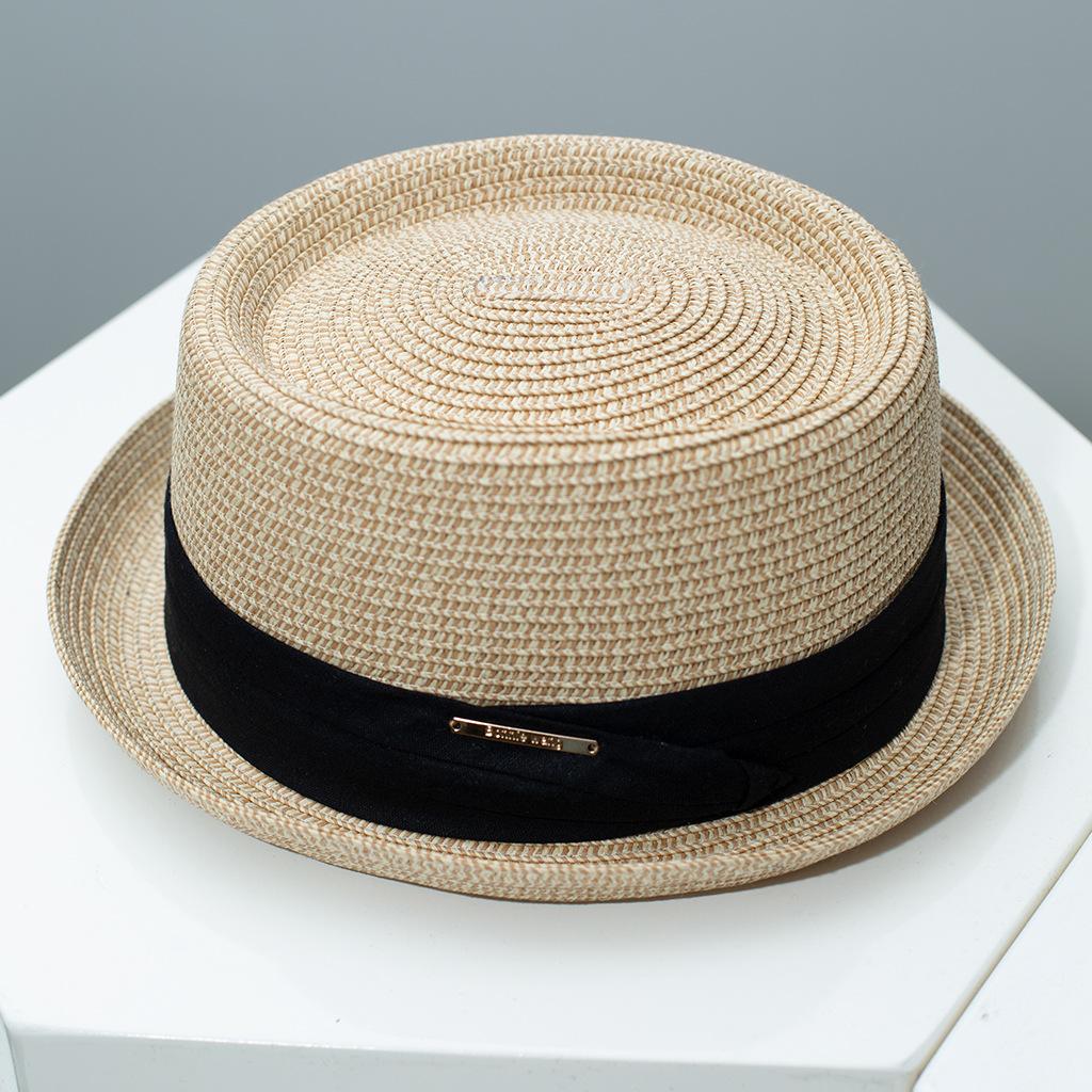 My Extreme Outdoor Activities Women's Black/Beige French Straw Concave Crown Fedora For Men Summer Casual Sun Protection Wide Brim Hat, Breathable Beach Vacation Cap 54-58Cm