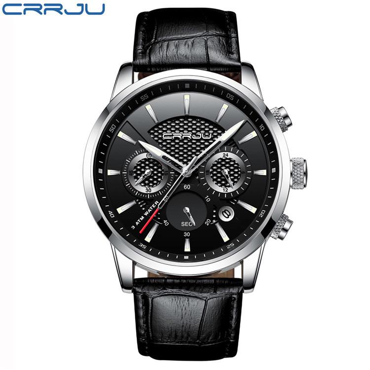 CRRJU 2212 Men s Leather Strap Waterproof Business Watch with Six-Hand Design and Calendar.