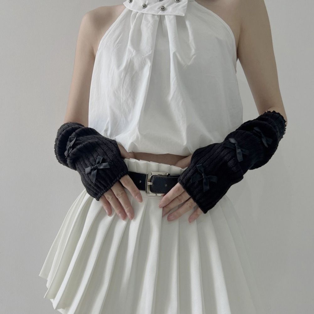 Punk Bow Fingerless Gloves Elastic Warm Sleeves Streetwear Y2K Oversleeve  Black Gothic