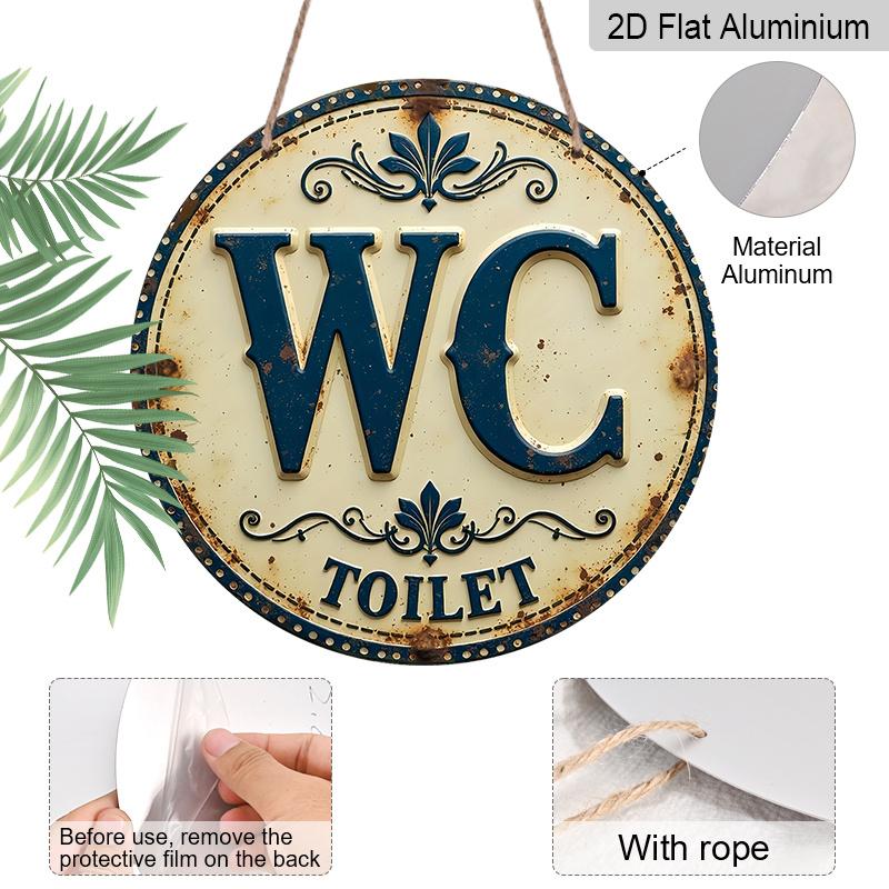 2D Flat, 1pc Vintage WC TOILET Round Metal Sign, Retro Blue And White Decorative Plaque With Rustic Pattern, Funny Bathroom Restroom Wall Art, Ideal