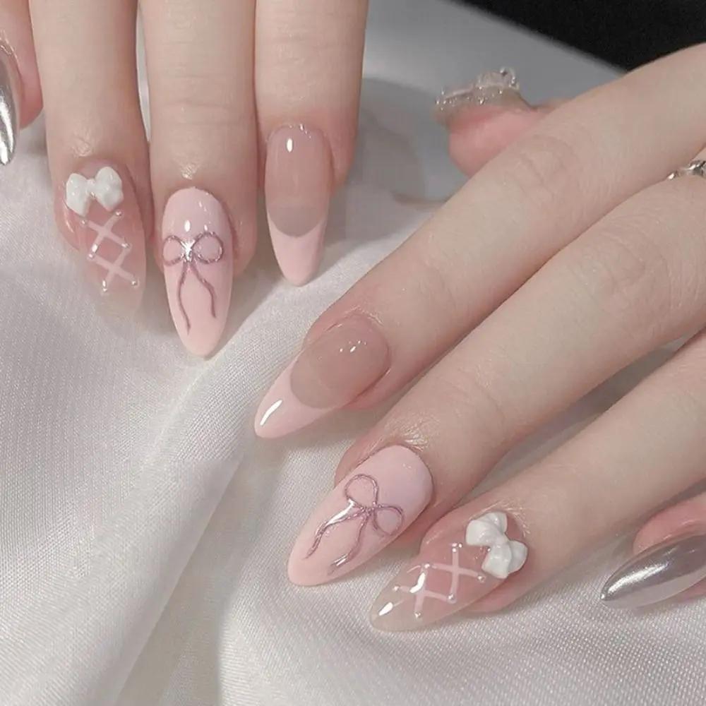 24Pcs Sweet Pink Almond Fake Nails Stiletto Pink Bowknot French Cute Pearl Bows Fake Nails Girls Women Wearable Manicure