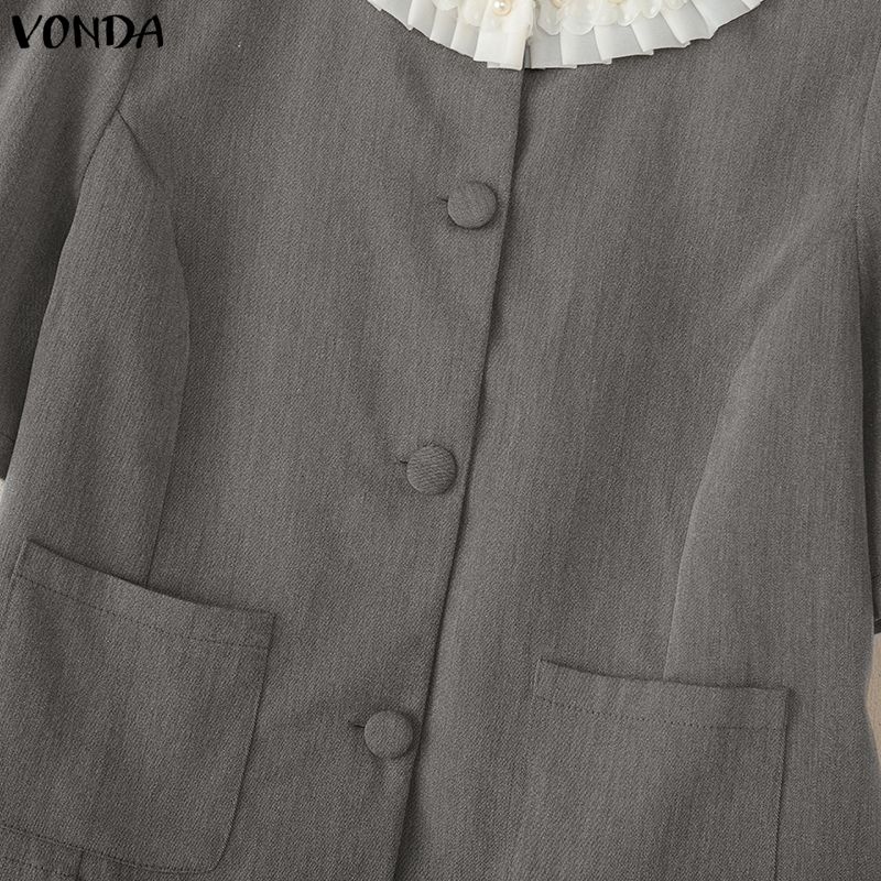 VONDA Women Casual Ruffled Hem Beading Round Neck Short Sleeve Cropped Blouse