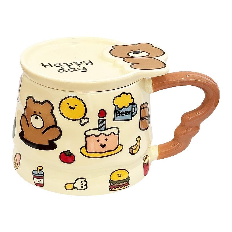 Cute Cartoon Girl Petting Animal Graffiti High Office Water Cup with Lid Cute Mug Student Ceramic Cup