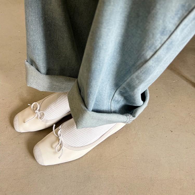 Sheepskin version~ Soft leather silver square head bow light mouth leather thin Mary Jane shoes women's flat ballet shoes