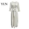 Loose Lace Dress Women V-Neck for Fall, 3/4 Sleeves Maxi with Autumn Outfits Belt, Solid Color Casual Long Vacation Daily Wear Sleeve