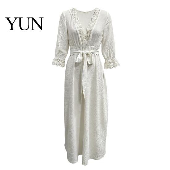 Loose Lace Dress Women V-Neck for Fall, 3/4 Sleeves Maxi with Autumn Outfits Belt, Solid Color Casual Long Vacation Daily Wear Sleeve