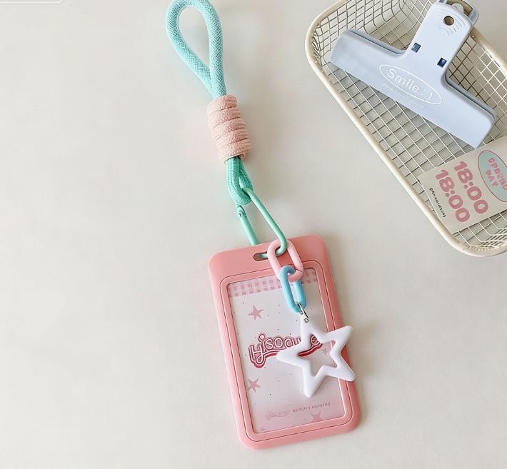 Cute Keychain Wristlet Lanyard Colorful Star Retractable Spring Lanyard with ID card Holder Accessories Gifts for Women